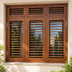 warm wood louvered window facade
